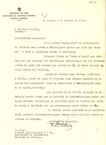 [Carta] 1953 feb. 2, Marianao, La Habana, [Cuba] [a] Gabriela Mistral, [La Habana], [Cuba]