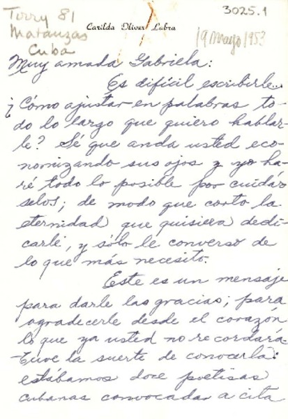 [Carta] 1953 mayo. 19, Matanzas, Cuba [a] Gabriela Mistral
