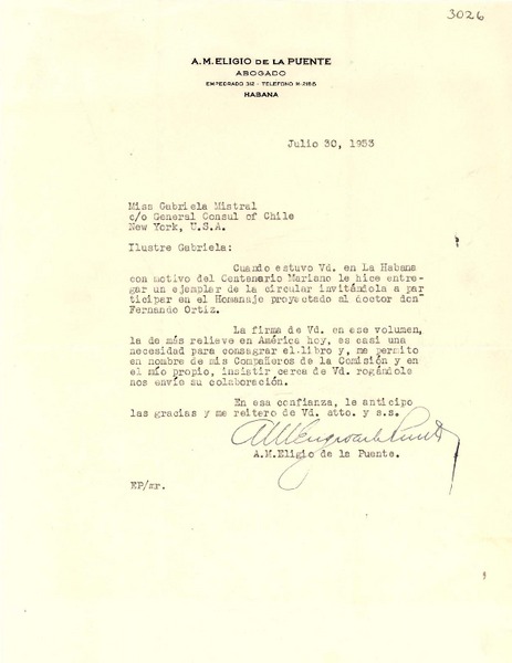 [Carta] 1953 jul. 30, La Habana [a] Gabriela Mistral, New York