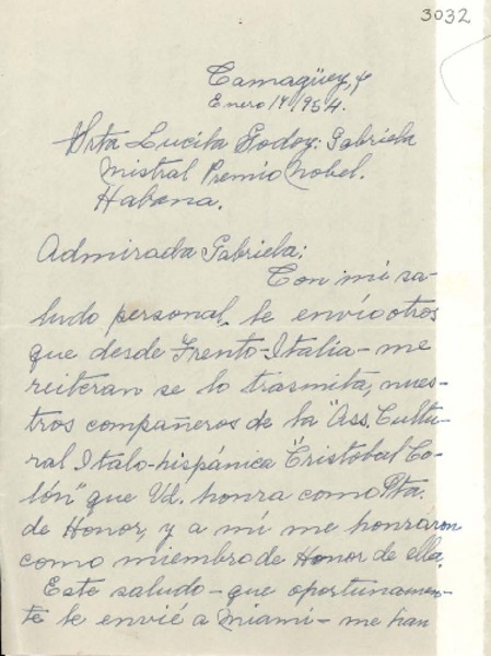 [Carta] 1954 ene. 14, Camagüey, [Cuba] [a] Gabriela Mistral, La Habana