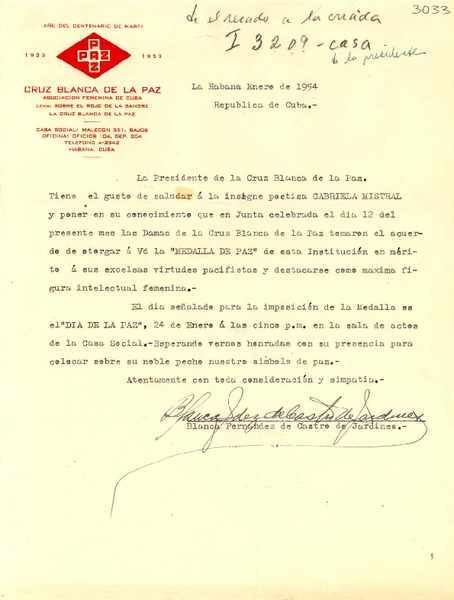 [Carta] 1954 ene., La Habana, Cuba [a] Gabriela Mistral
