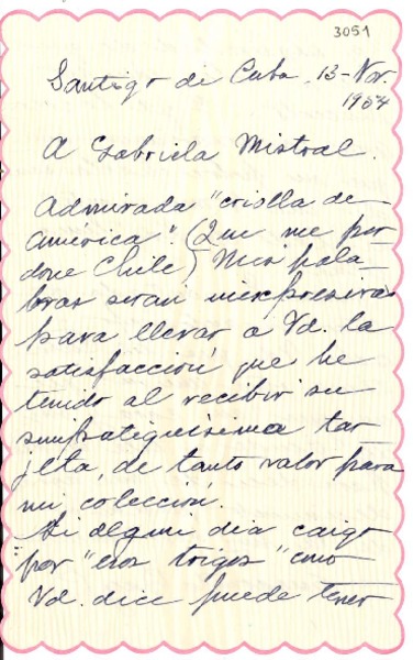 [Carta] 1954 nov. 13, Santiago de Cuba, [Cuba] [a] Gabriela Mistral