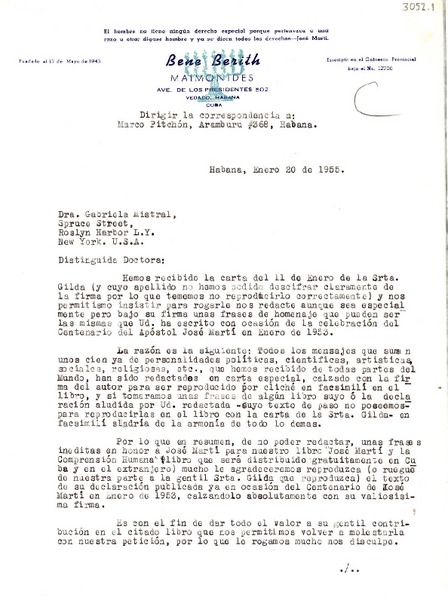 [Carta] 1955 ene. 20, Habana, [Cuba] [a] Gabriela Mistral, Spruce Street, Roslyn Harbor, L. Y., New York, [EE.UU.]