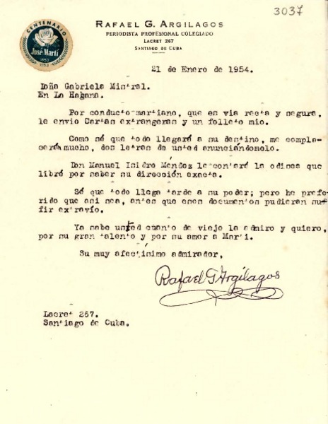 [Carta] 1954 ene. 21, Santiago de Cuba [a] Gabriela Mistral, La Habana