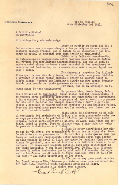 [Carta] 1941 dic. 6, Rio de Janeiro, [Brasil] [a] Gabriela Mistral, Petrópolis, [Brasil]