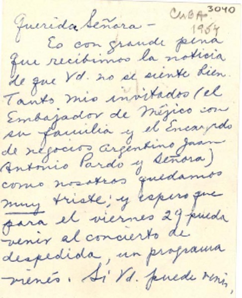 [Tarjeta] 1954 ene. 23, [Cuba] [a] Gabriela Mistral