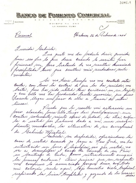 [Carta] 1954 feb. 26, La Habana [a] Gabriela Mistral