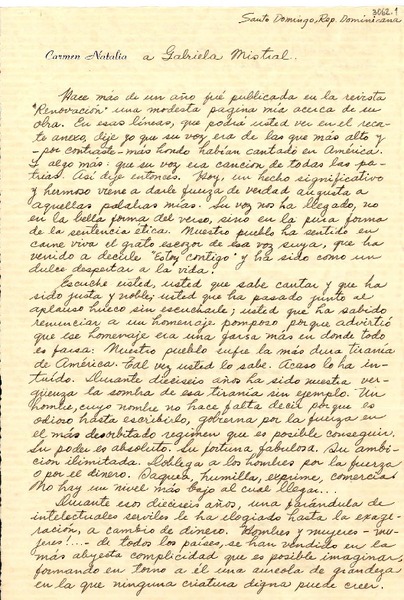 [Carta] 1946 mayo 20, Santo Domingo, Rep. Dominicana [a] Gabriela Mistral