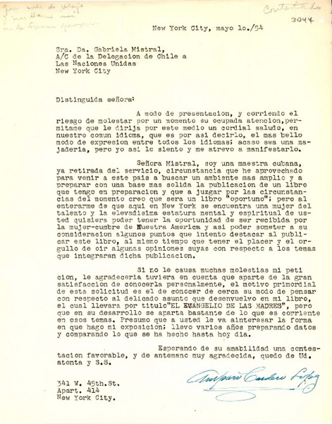 [Carta] 1954 mayo. 10, New York [a] Gabriela Mistral, New York