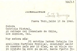 [Carta] 1946 jul. 10, Nueva York, [EE.UU.] [a] Gabriela Mistral, Los Angeles, Cal., [EE.UU.]