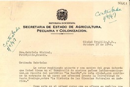 [Carta] 1946 oct. 18, Ciudad de Trujillo, República Dominicana [a] Gabriela Mistral, Petrópolis, Brasil