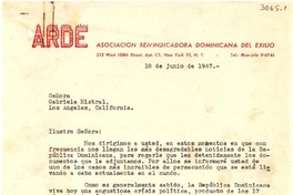 [Carta] 1947 jun. 18, República Dominicana [a] Gabriela Mistral, Los Angeles, California, [EE.UU.]