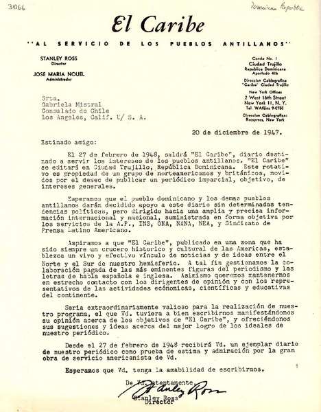 [Carta] 1947 dic. 20, Trujillo, República Dominicana [a] Gabriela Mistral, Consulado de Chile, Los Angeles, Calif., [EE.UU.]