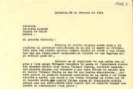 [Carta] 1934 feb. 22, Marsella, [Francia] [a] Gabriela Mistral, Madrid