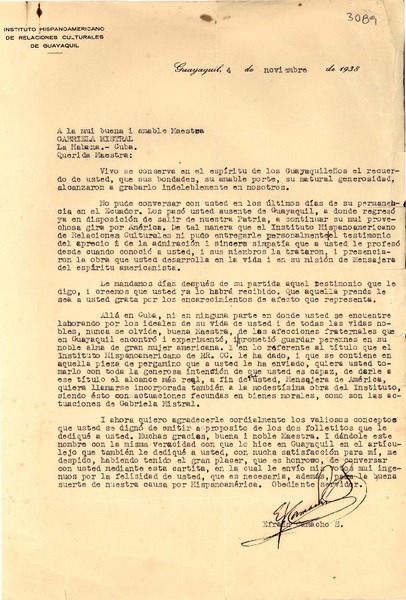 [Carta] 1938 nov. 4, Guayaquil, [Ecuador] [a] Gabriela Mistral, La Habana, Cuba