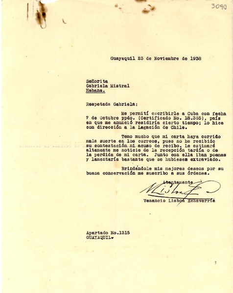 [Carta] 1938 nov. 23, Guayaquil, [Ecuador] [a] Gabriela Mistral, Habana, [Cuba]