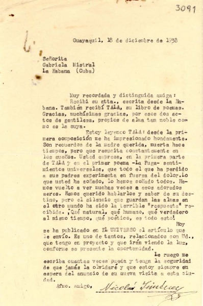 [Carta] 1938 dic. 18, Guayaquil, [Ecuador] [a] Gabriela Mistral, La Habana, Cuba