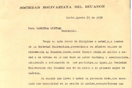 [Carta] 1938 ago. 25, Quito, Ecuador [a] Gabriela Mistral, Guayaquil