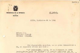 [Oficio] N°245-D, 1940 nov. 28, Quito, [Ecuador] [a la] Señora Dña. Gabriela Mistral, Niteroi, Brasil