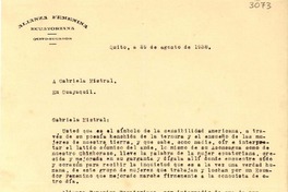 [Carta] 1938 ago. 29, Quito [a] Gabriela Mistral, Guayaquil