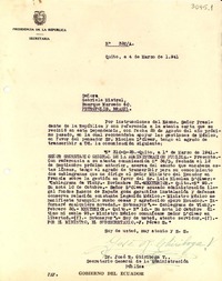 [Oficio] N° 320A, 1941 mar. 4, Quito, [Ecuador] [a la] Señora Doña Gabriela Mistral, Buarque Marcedo 60, Petrópolis, Brasil