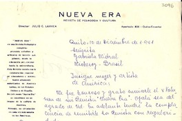 [Carta] 1941 dic. 10, Quito, Ecuador [a] Gabriela Mistral, Micheroy [i.e. Niteroi], Brasil