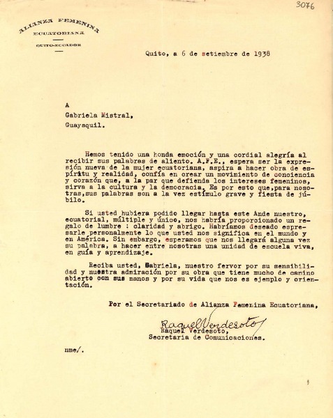 [Carta] 1938 sept. 6, Quito, Ecuador [a] Gabriela Mistral, Guayaquil