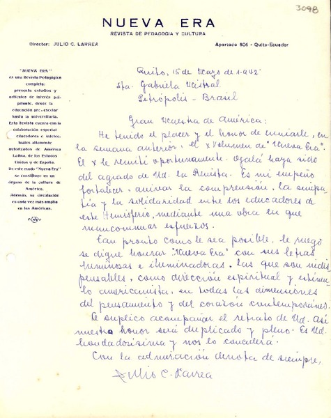 [Carta] 1942 mayo 15, Quito, Ecuador [a] Gabriela Mistral, Petrópolis, Brasil