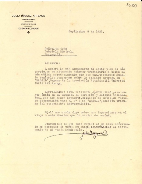[Carta] 1938 sept. 9, Cuenca, Ecuador [a] Gabriela Mistral, Guayaquil