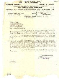 [Carta] 1943 mar. 5, Guayaquil, Ecuador [a] Gabriela Mistral, Consulado de Chile, Petrópolis, Brasil