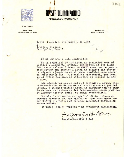[Carta] 1943 dic. 2, Quito, Ecuador [a] Gabriela Mistral, Petrópolis, Brasil