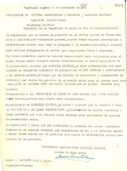 [Carta] 1945 nov. 3, Guayaquil, Ecuador [a] Gabriela Mistral, Consulado de la República de Chile, Rio de Janeiro, Brasil