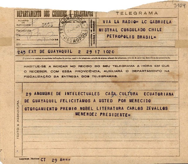 Telegrama 1945 nov. 17, Guayaquil, [Ecuador] [a] Gabriela Mistral, Consulado de Chile, Petrópolis, Brasil