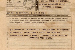 Telegrama 1945 nov. 17, Guayaquil, [Ecuador] [a] Gabriela Mistral, Consulado de Chile, Petrópolis, Brasil