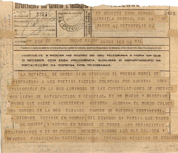 [Telegrama] 1945 nov. 16, [Brasil] [a] Gabriela Mistral, Petrópolis, RJ, [Brasil]