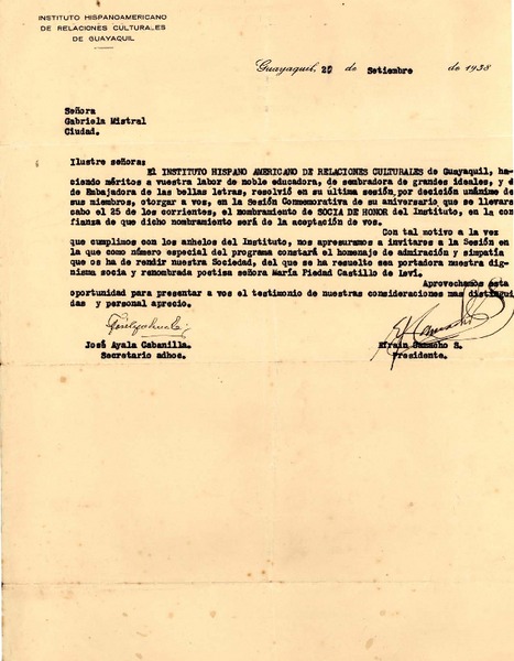 [Carta] 1938 sept. 20, Guayaquil [a] Gabriela Mistral, Guayaquil