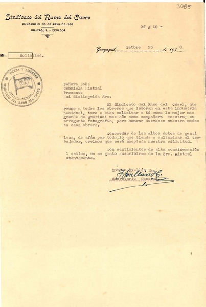 [Carta] 1938 sept. 23, Guayaquil [a] Gabriela Mistral