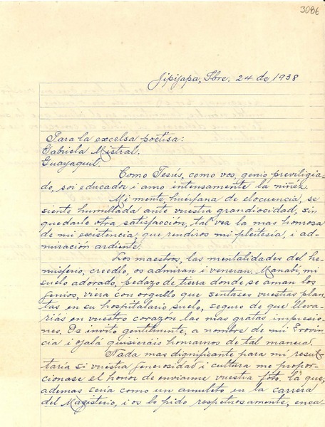 [Carta] 1938 sept. 24, Jipijapa, [Ecuador] [a] Gabriela Mistral, Guayaquil
