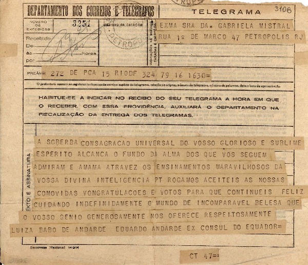 [Telegrama] 1945 nov. 16, Río [de Janeiro, Brasil] [a] Gabriela Mistral, Petrópolis