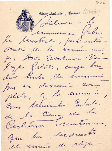 [Carta] [1949?], Cuenca, Ecuador [a] Gabriela Mistral