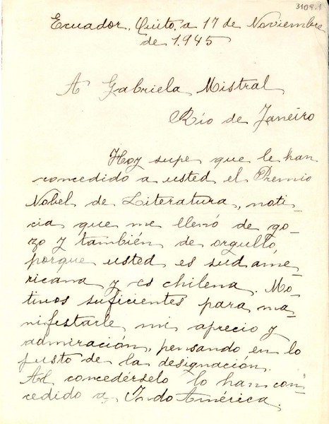 [Carta] 1945 nov. 17, Quito, Ecuador [a] Gabriela Mistral, Río de Janeiro