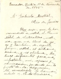 [Carta] 1945 nov. 17, Quito, Ecuador [a] Gabriela Mistral, Río de Janeiro