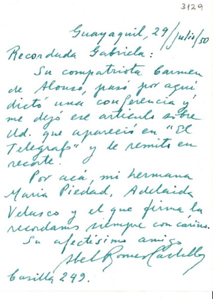 [Carta] 1950 jul. 29, Guayaquil, [Ecuador] [a] Gabriela Mistral