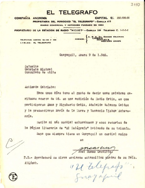 [Carta] 1946 ene. 9, Guayaquil [a] Gabriela Mistral