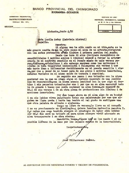 [Carta] 1952 jun. 4, Riobamba, Ecuador [a] Lucila Godoy, Rapallo, [Italia]