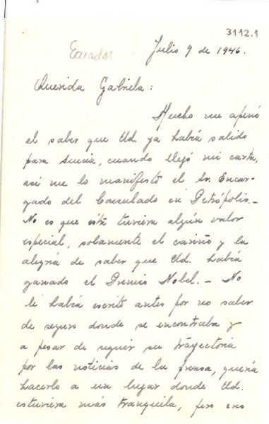 [Carta] 1946 jul. 9, Panamá [a] Gabriela Mistral