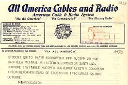 [Telegrama] 1954 sept. 20, Quito, [Ecuador] [a] Gabriela Mistral, Santiago, [Chile]