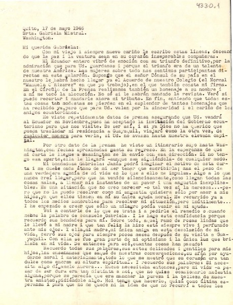 [Carta] 1946 mayo. 17, Quito, [Ecuador] [a] Gabriela Mistral, Washington, [EE.UU.]