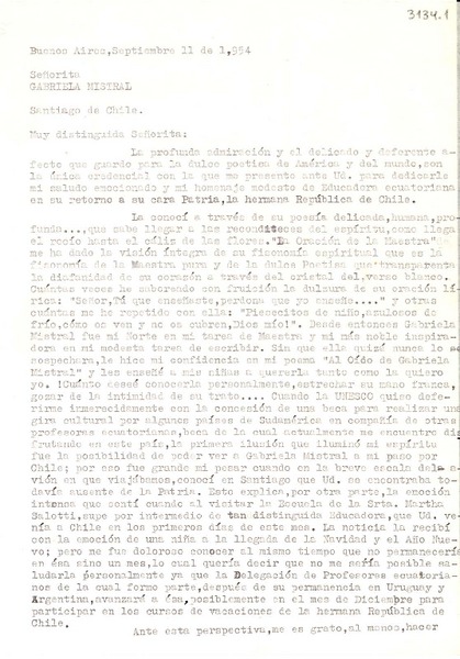 [Carta] 1954 sept. 11, Buenos Aires, [Argentina] [a] Gabriela Mistral, Santiago, Chile
