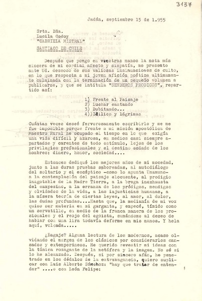 [Carta] 1955 sept. 15, Cuenca, Jadán, Ecuador [a] Lucila Godoy, Santiago, Chile